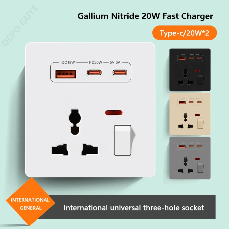 Electronics Gadgets For Home - ユニバーサル3ピン壁コンセント、20W急速充電対応Type-C USBポート付き、英国規格プラスチック製電気壁コンセント、デュアルType-C電源コンセントAC110-250V
