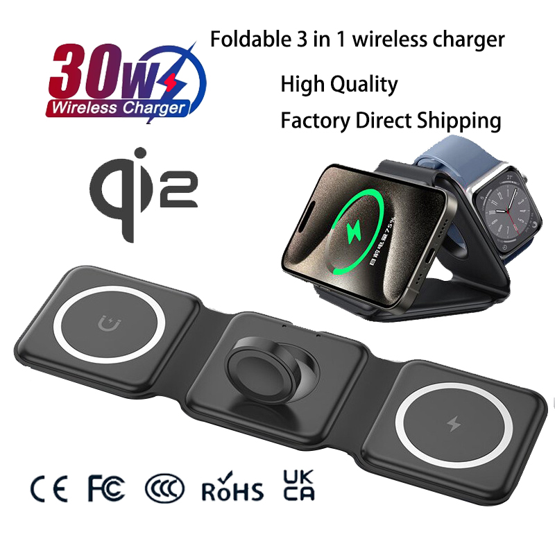 Magnetic Charging Cable - ユニバーサルQi2磁気折りたたみ式充電ステーション、iPhone、Samsung、Xiaomi、OPPO対応3in1ワイヤレス充電器