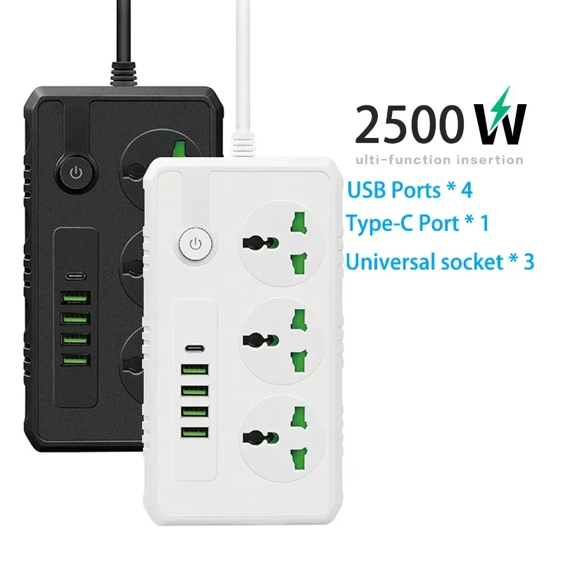 Electronics Gadgets For Home - 4つのUSBポートと1つのType-Cポート付き電源タップ、2M延長コード、サージ/過負荷保護、3つのユニバーサルコンセント（US/UK/EUプラグ対応）