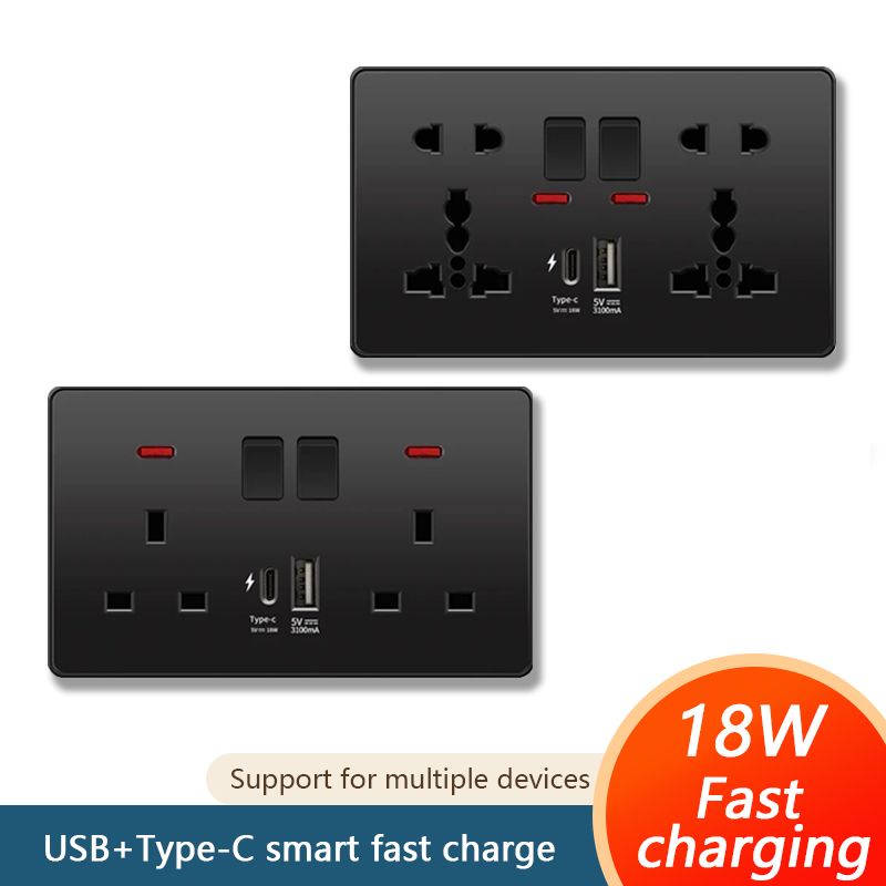Electronics Gadgets For Home - ユニバーサル18W急速充電対応タイプC壁コンセント220V電源プラグ、英国規格ブラック13Aソケットスイッチ、USB充電器付き電気壁コンセントパネル