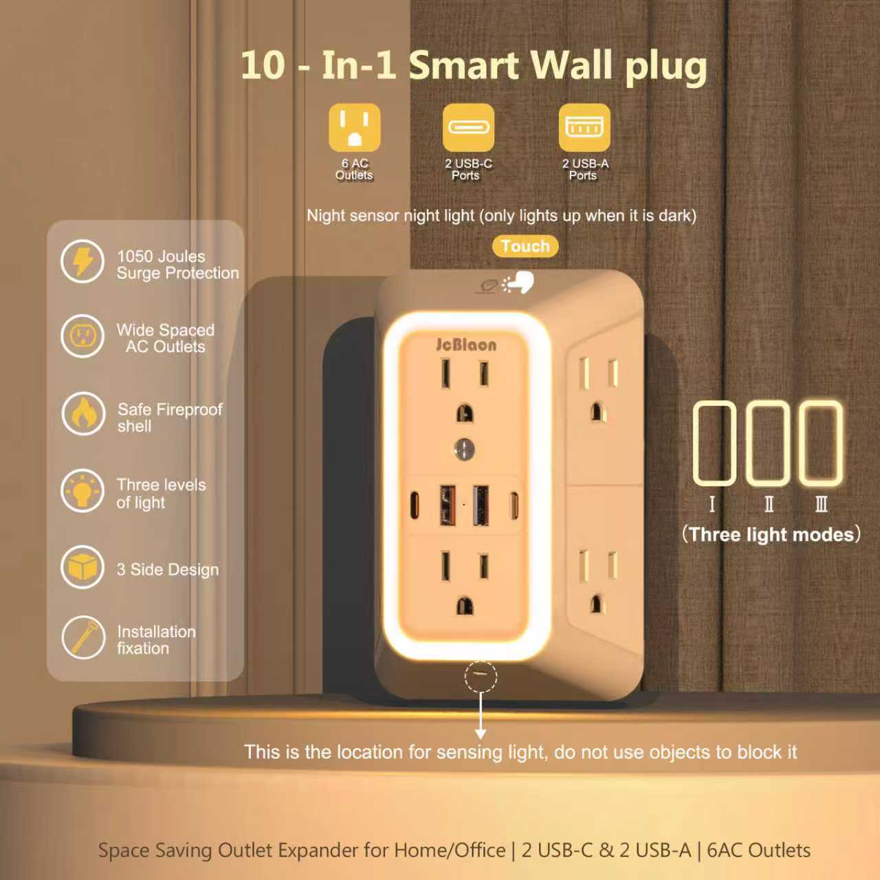センサーライト付きマルチソケットUS壁コンセント、6つのAC - Electronics Gadgets For Home のレビューと価格