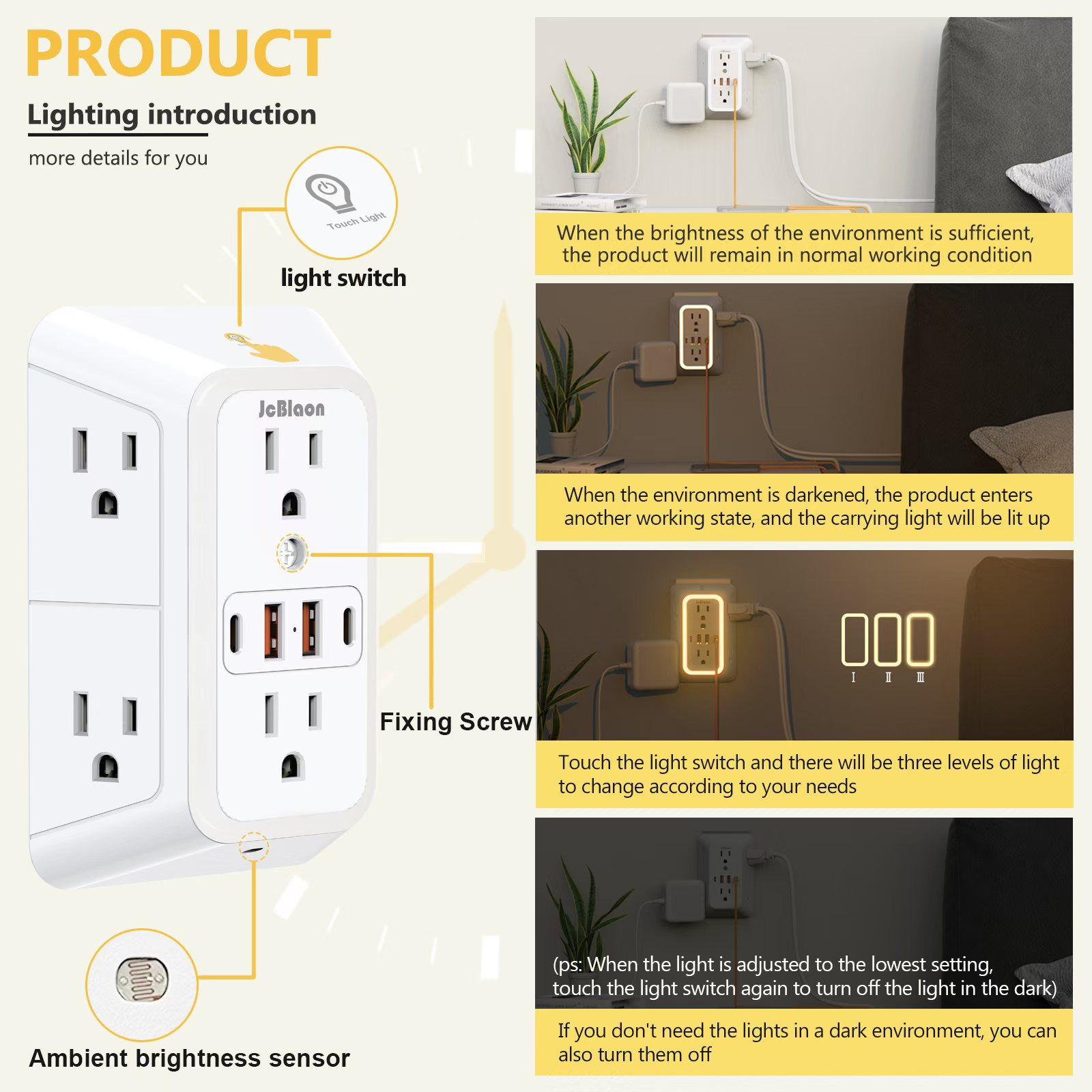 センサーライト付きマルチソケットUS壁コンセント、6つのAC - Electronics Gadgets For Home のレビューと価格